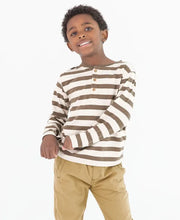 Load image into Gallery viewer, Heather Brown Stripe Knit Long Sleeve Henley Tee