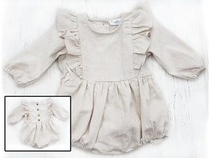 Baby Girl Linen Romper Ruffled Sleeve Dressy Gabriella style | 3-6m / Oatmeal