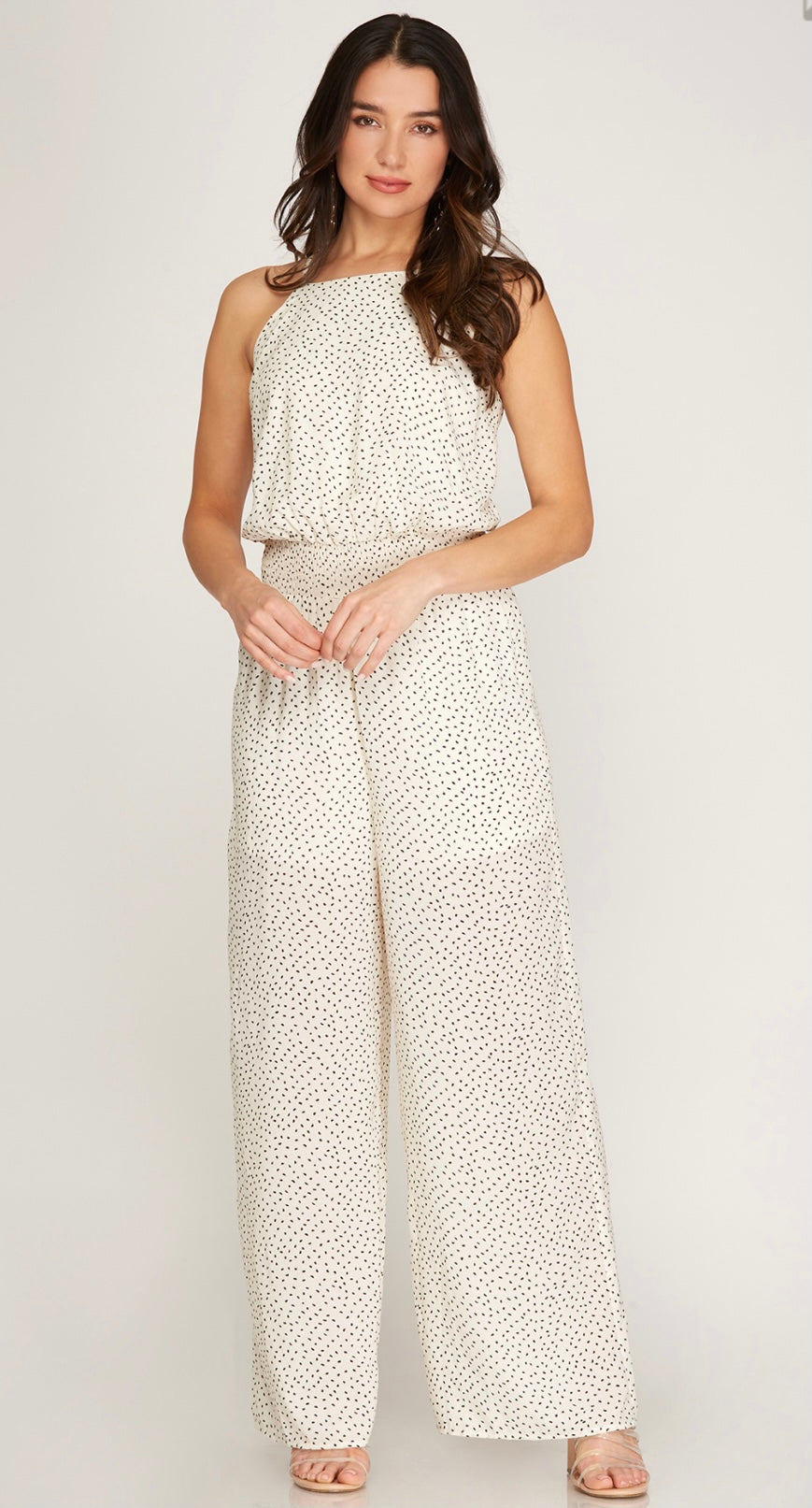 SMOCKED WAIST PRINTED WOVEN CAMI JUMPSUIT