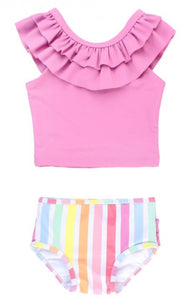 Rainbow Dream Stripe Orchid Ruffle Tankini