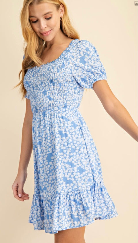 Smocked Floral Print Dress (Blue)