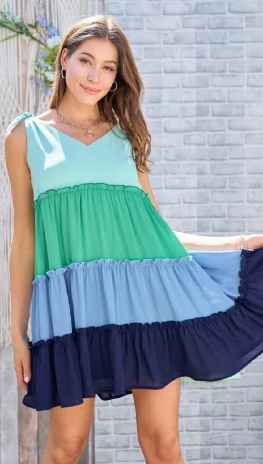 Color-Block Mini Ruffle Dress